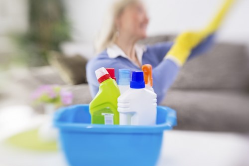 Professional carpet cleaners following safe working procedures